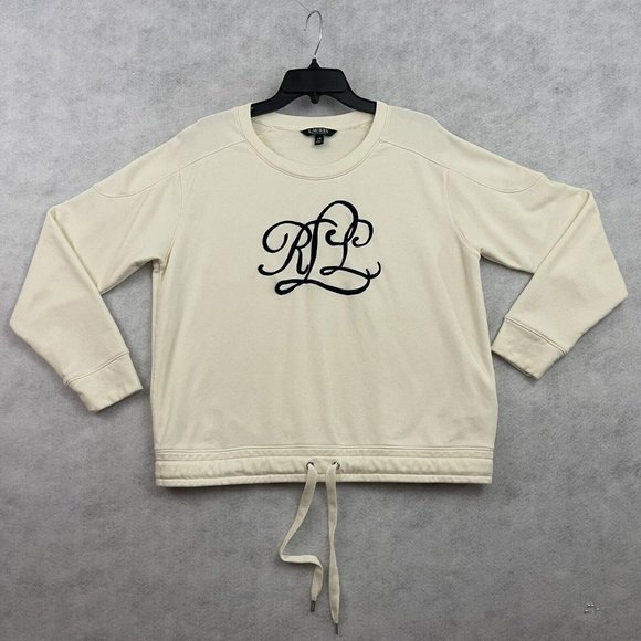 Ralph Lauren Sweatshirt Womens Large White Fleece Drawstring Cursive Script Logo - Picture 3 of 11